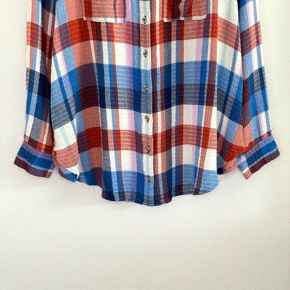 Anthropologie Pilcro Hadley Relaxed Buttondown Shirt Red White Blue Plaid 1X - Picture 10 of 16